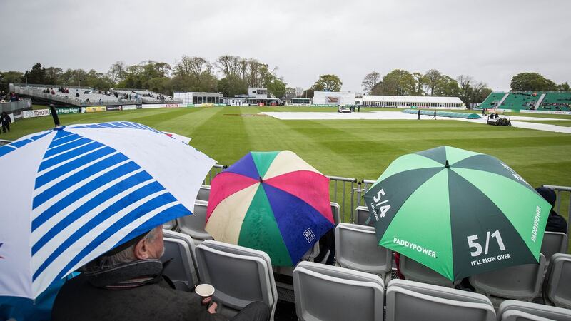Rain can cause big problems for Ireland international cricket matches, as seen here during last year’s Test match against Pakistan in Malahide. Photograph: Oisín Keniry/Inpho