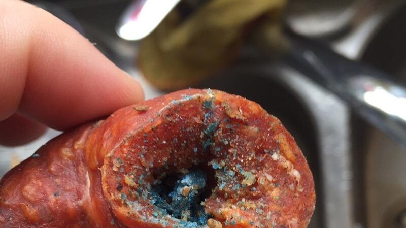Chorizo filled with rate poison found in the back yard of Lydia O’Byrne’s home. Photograph: Lydia O’Byrne/DogsofDublin.com