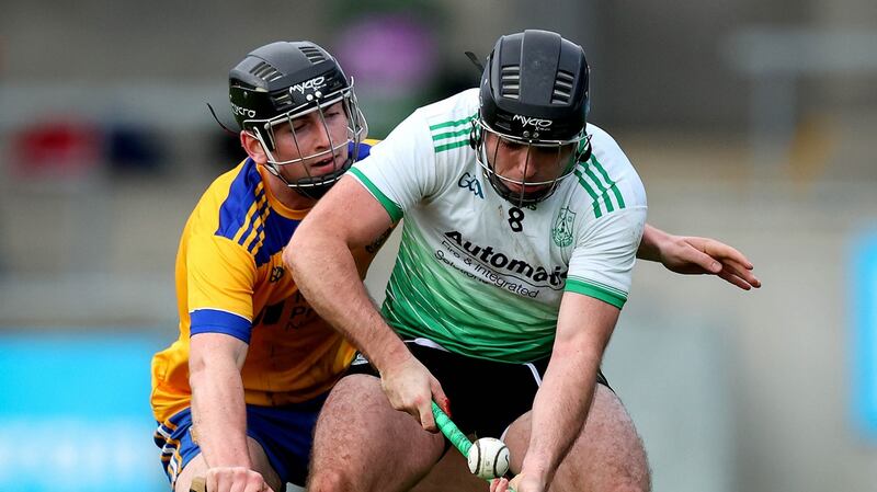 Peter Feeney of Na Fianna in action against Lucan Sarsfields’ Ronan Smith in the Dublin SHC semi-final at  Parnell Park. Photograph: Ryan Byrne/Inpho