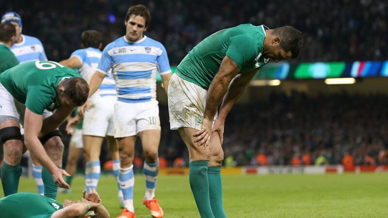 Ireland’s Rob Kearney dejected at the end of the 43-20 defeat to Argentina at the 2015 World Cup quarter-final in Cardiff. Photograph: Billy Stickland/Inpho