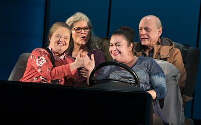 Ms Brewer as the play’s title character, with (in front seat) Vanessa Aspillaga as her caregiver and (in back seat) Debra Monk and Mark Blum as her siblings.