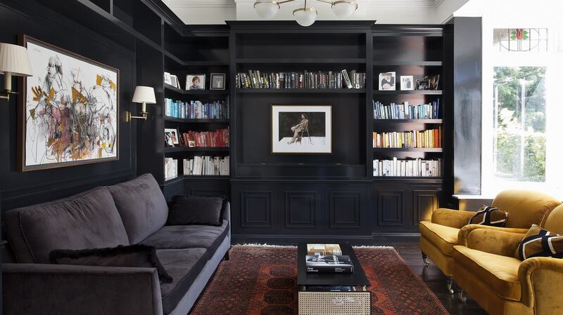 Co Carlow-based Woodale Designs has resolved the TV issue with this dark and moody joinery, to a design by Suzie McAdam in a property in Rathgar.  The screen is concealed below the small artwork on the far wall. When required, the  TV rises from below the counter to fill the space in front of the artwork.