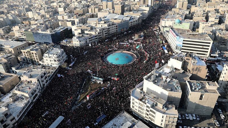 An aerial funeral procession for Qassem Suleimani in Tehran. Photograph:  Office of the Iranian Supreme Leader via The New York Times