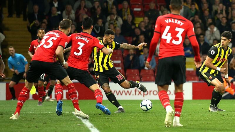 Andre Gray scores Watford’s late equaliser against Southampton. Photograph: Marc Atkins/Getty