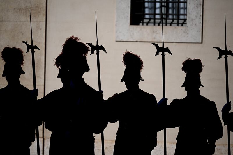 Swiss Guards stand at San Damaso courtyard prior to the arrival of the f Ukrainian prime minister Denys Shmyhal for a meeting with Pope Francis at the Vatican. Photograph:  Vincenzo Pinto/AFP
