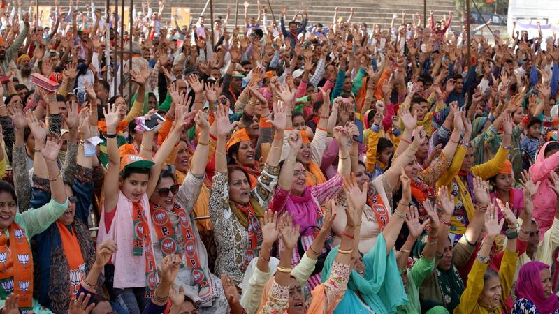 Supporters of India’s ruling Bharatiya Janata Party (BJP) shout slogans at a rally some 65km from Jammu, the winter capital of Kashmir, on April 3rd. Photograph: Jaipal Singh/EPA