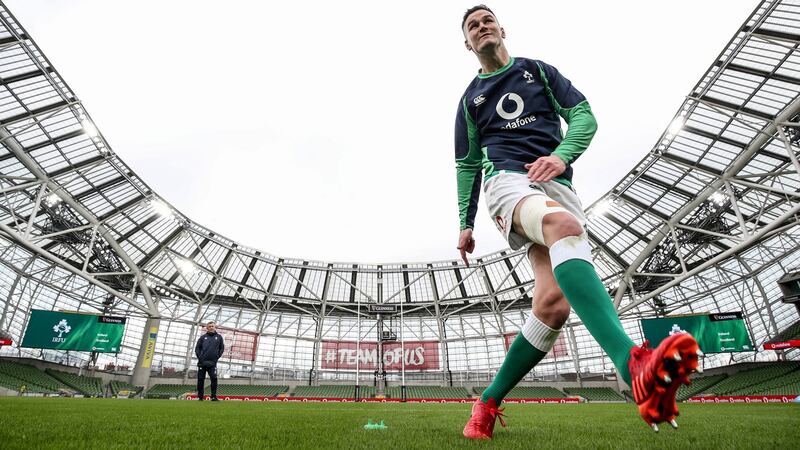 Jonathan Sexton  follows through on a kick during Ireland’s captain’s run session at the Aviva Stadium. Photograph: Dan Sheridan/Inpho