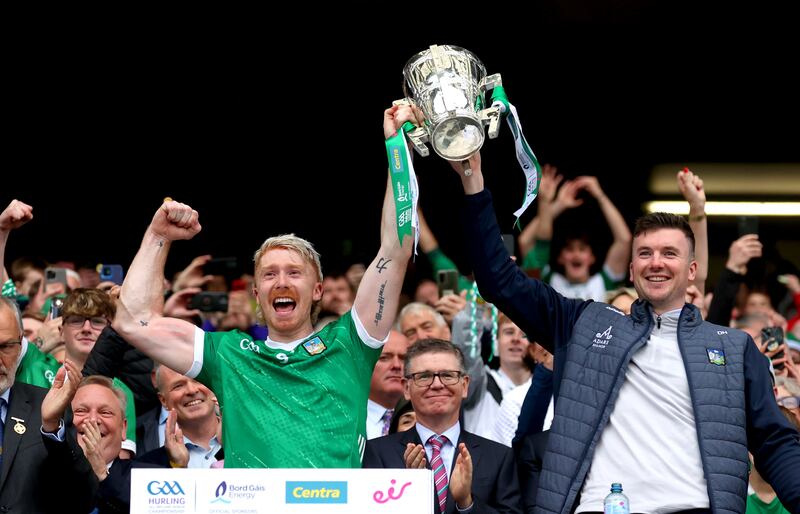 Limerick’s Cian Lynch and Declan Hannon lift the the Liam MacCarthy Cup. Photograph: James Crombie/Inpho