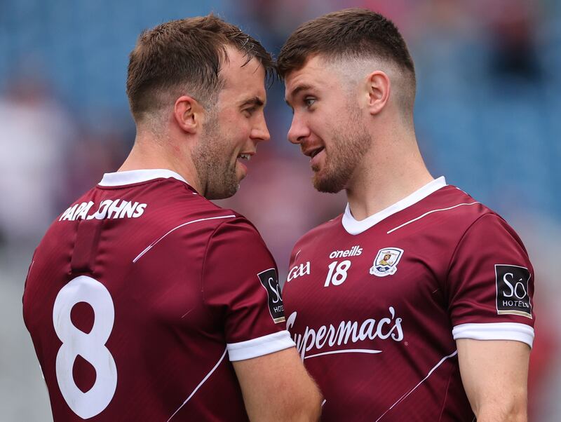 Galway’s Paul Conroy and Eoghan Kelly celebrating victory over Donegal at Croke Park. Photograph: James Crombie/Inpho
