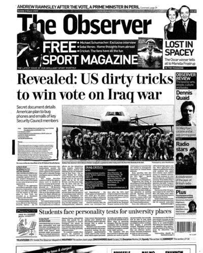 The frontpage of the Observer on Sunday, March 2nd, 2003. Photograph: The Observer