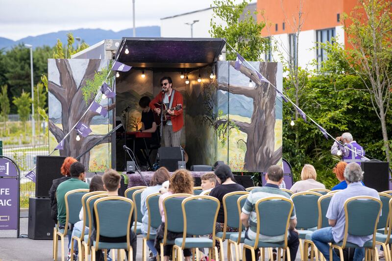 Conal McIntyre (guitar) and Paul Campbell performing at the festival. The pair are in charge of the Irish element of the shared music. Photograph: Tom Honan