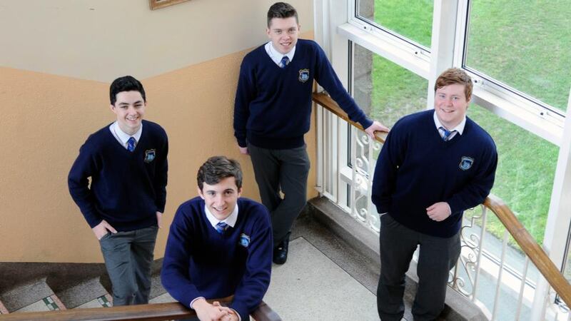 From left: Emmet Farrell, Thomas Maguire, Shaun McDonnell, Eoin Byrne, 5th- and 6th-year students in Drimnagh Castle who are involvedin an anti-cyberbullying campaign, Let’s Kick it Out. Photograph:Dave Meehan