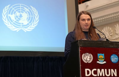 Saoirse Mackin, speaking at the 2022 Model United Nations, at City Hall, Cork. Photograph: Jim Coughlan.