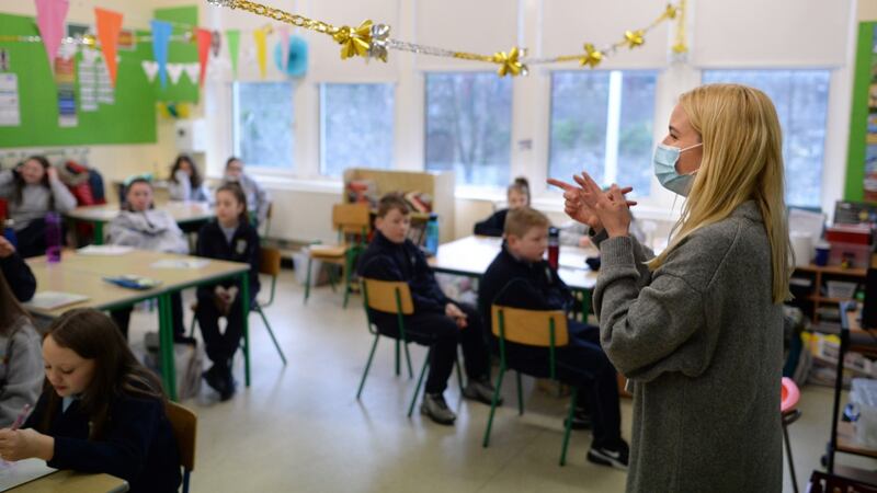Karen Whooley teaching sixth-class students. Photograph: Dara Mac Dónaill