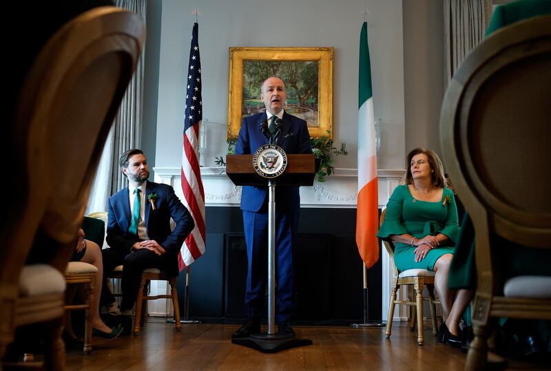 The Taoiseach delivers remarks as Mr Vance and Martin's wife, Mary, listen. Photograph: Kevin Dietsch/Getty Images