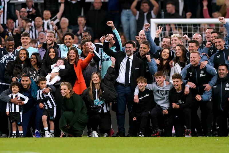 Newcastle chairman Yasir Al-Rumayyan and co-owner Amanda Staveley with players, staff and family members last season. Photograph: Owen Humphreys/PA Wire.