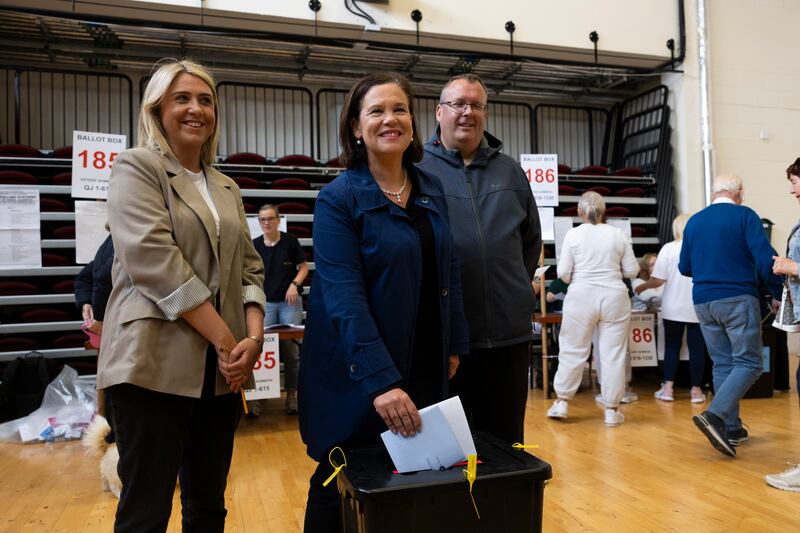 Sinn Féin president Mary Lou McDonald casting her vote in the Deaf Village, Ireland, polling station in Cabra, Dublin, on Friday morning. Photograph: Sam Boal/Collins Photos