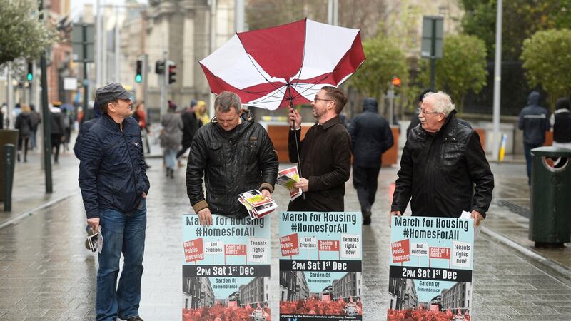 Umbrella campaign: TDs Gino Kenny, Richard Boyd Barrett, Eoin Ó Broin and Seamus Healy united in  the Homelessness and Housing Coalition. Photograph: Dara Mac Dónaill