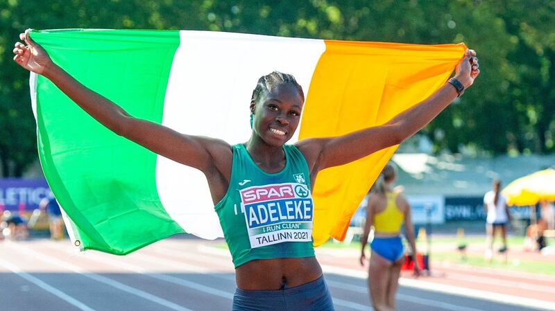 Rhasidat Adeleke celebrates her win in the 100m final in Tallinn. Photograph:  Photo by Marko Mumm/Sportsfile