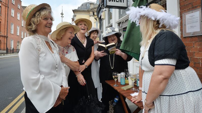 Rose Byrne, Bernie Berkir, Rose Hogan, Patricia Heary, Elizabeth Watson, Gillian Pepper are seen outside Sweny’s Pharmacy on Bloomsday 2020. Photograph: Alan Betson/The Irish Times