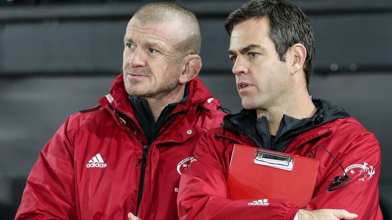 Munster coach Johann van Graan with forwards coach Graham Rowntree. Photograph: Dan Sheridan/Inpho