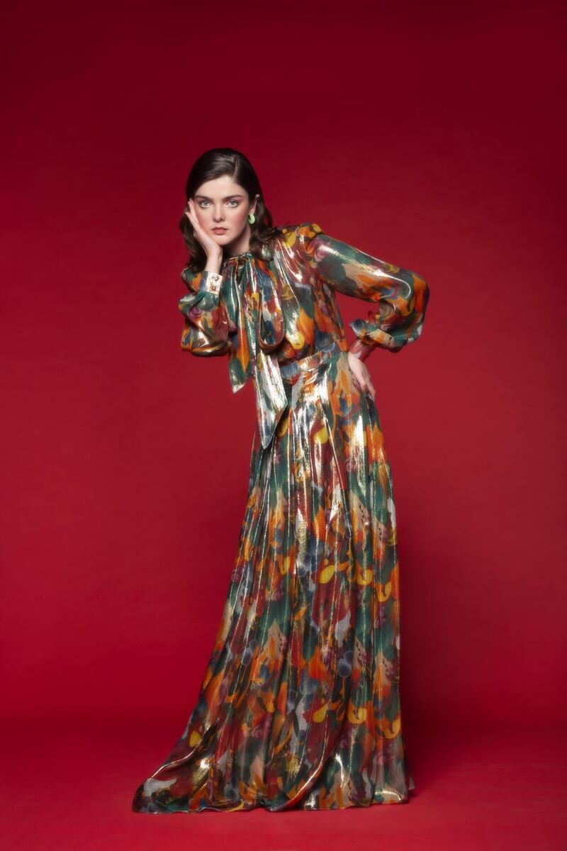 Look 9 Teal green earrings, €12.99, Mango; embellished dress, €3,239, Francoise, Emporium Kalu