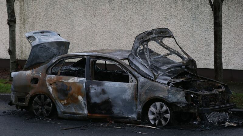 A  burnt out Volkswagon Jetta found at the Rushenney Estate near Clonee. Photograph: Collins.