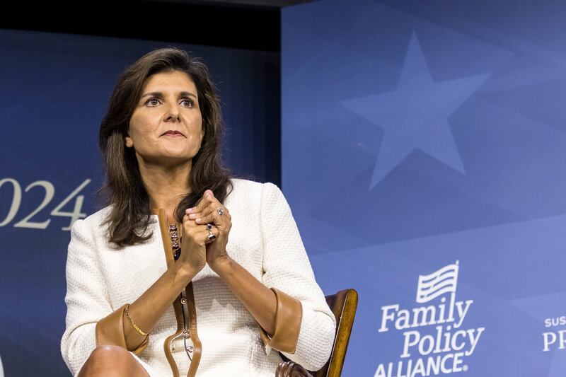 Republican presidential candidate Nikki Haley speaks at an event in Des Moines, Iowa, on  July 14th. Photograph: Kathryn Gamble/New York Times
                      