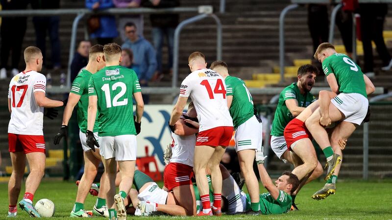 Tempers flair between Tyrone and Fermanagh players. Photograph: Bryan Keane/Inpho