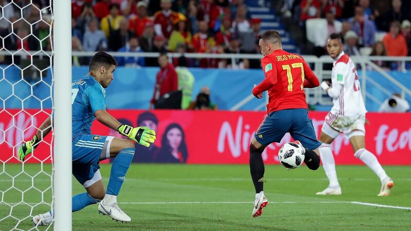 Spain v Morocco: Iago Aspas is flagged for offside. Photograph: Richard Heathcote/Getty Images