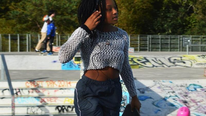 Skate crew member Chinyere Enyoazu at Clongriffin Skatepark. Photograph: Aoife Moiselle.