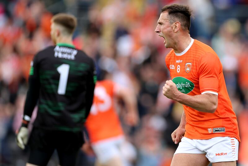 Stephen Sheridan celebrates scoring Armagh's third goal against Donegal at St Tiernach's Park, Clones.  Photograph: James Crombie/Inpho 