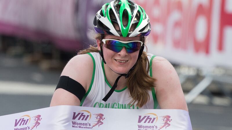 Winner of the VHI Women’s Mini Marathon wheelchair race Shauna Bouquet  (14), from Galway. Photograph: Tom Honan