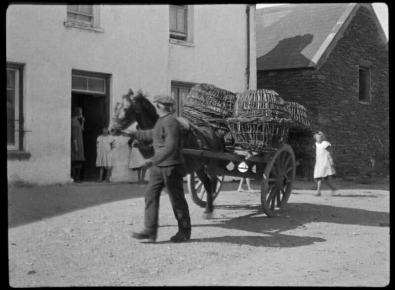 A horse transporting wicker lobster pots, possibly on the Dingle Peninsula.  Photograph: IFI Irish Film Archive/San Francisco Silent Film Festival/Chicago Academy of Sciences