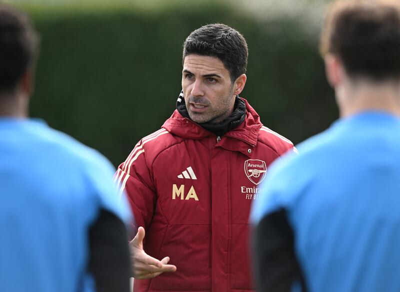 Arsenal manager Mikel Arteta during a training session in London Colney, England, on March 26th, 2024. No member of his current squad has scored a goal for Arsenal at the Etihad. Photograph: Stuart MacFarlane/Arsenal FC via Getty Images