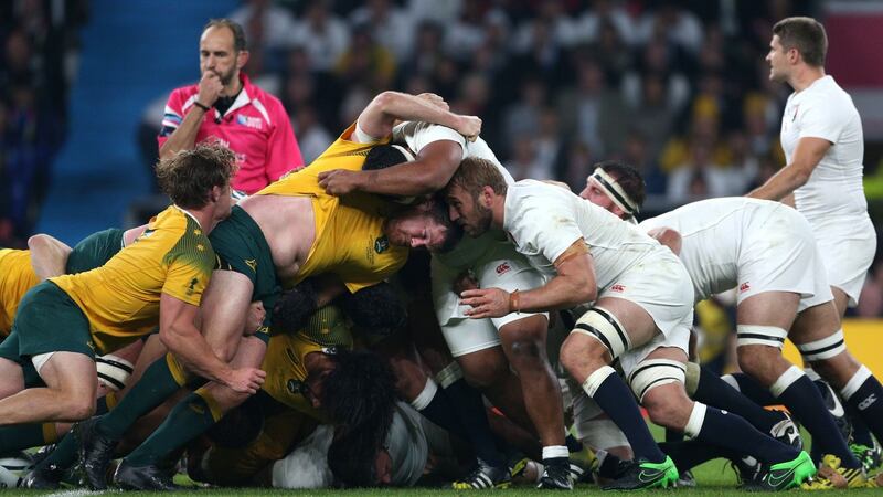 England and Australia contest the scrum during the World Cup match at Twickenham Stadium, London. Photograph: PA