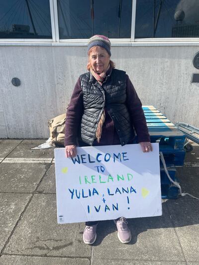 Rebecca’s mother, Elaine O’Flanagan (85), welcoming Yulia, Lana and Ivan at Dublin Airport