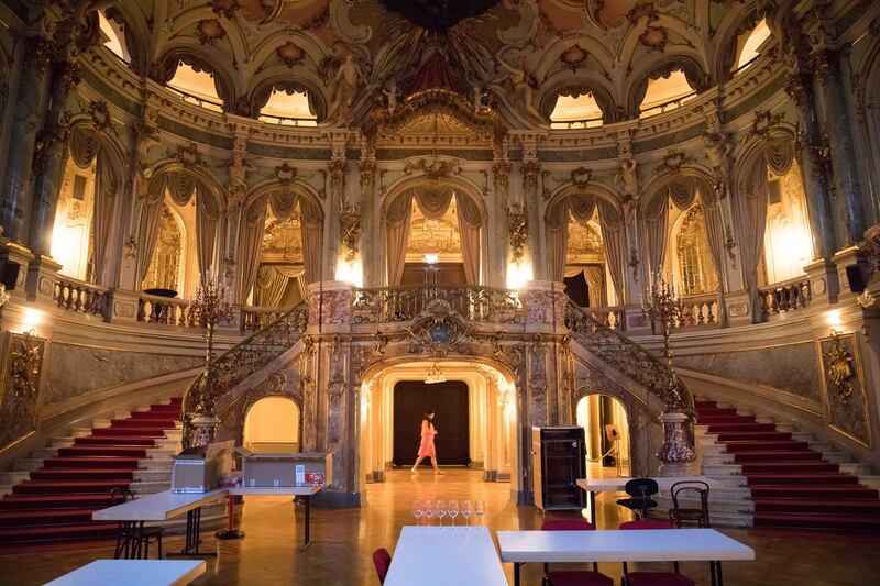 Socially distanced concert: the room where refreshments are usually served. Photograph: Gordon Welters/NYT