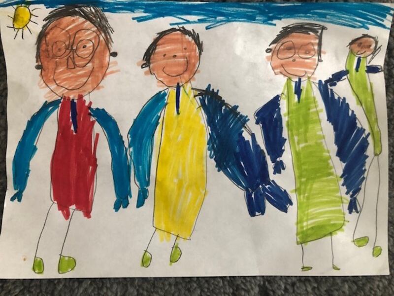 Juliana Fearon, aged four and three quarters.
'This picture is about me and my brother Zak and my Mummy and Daddy going to the park in the sunshine after Daddy comes home from working in the hospital.'
