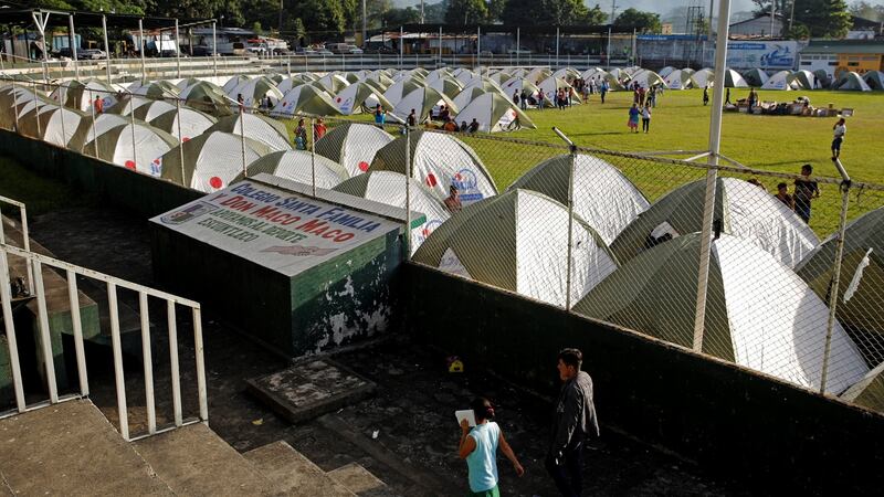 The provisional shelter after people were evacuated from areas around Fuego volcano, which began violently erupting, in Escuintla, Guatemala. Photograph: Luis Echeverria/Reuters