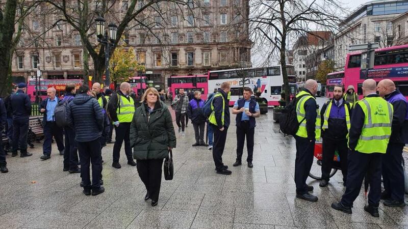 Bus drivers at Belfast city hall, take part in a walkout following recent hijackings of buses in Northern Ireland. Photograph: Unite the Union/PA Wire