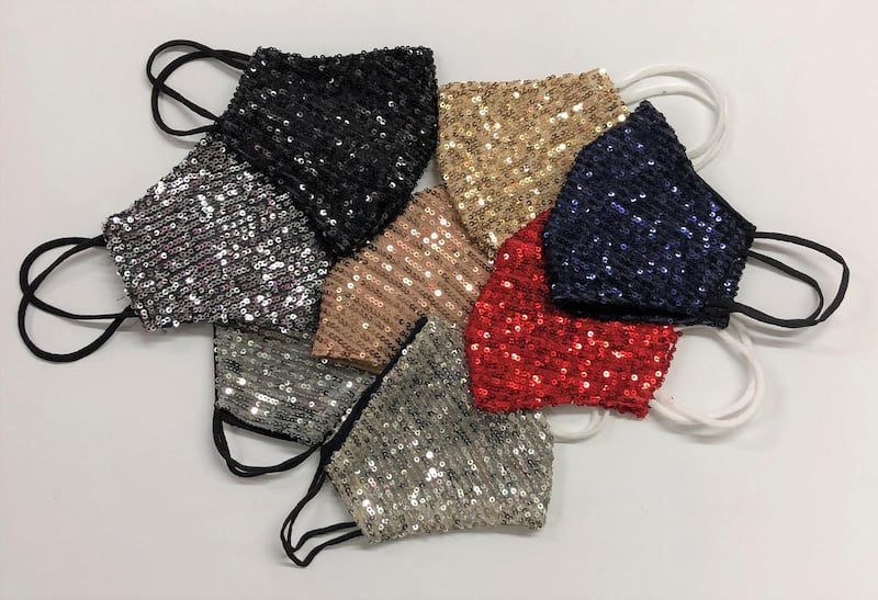 Glitzy sequinned masks (€9.50 each) from Costelloe + Costelloe