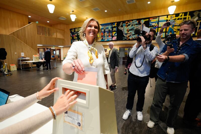 Progress Party leader Sylvi Listhaug votes at a polling station in Oslo, Norway. Photograph:  Lise Åserud/NTB/AFP via Getty Images   