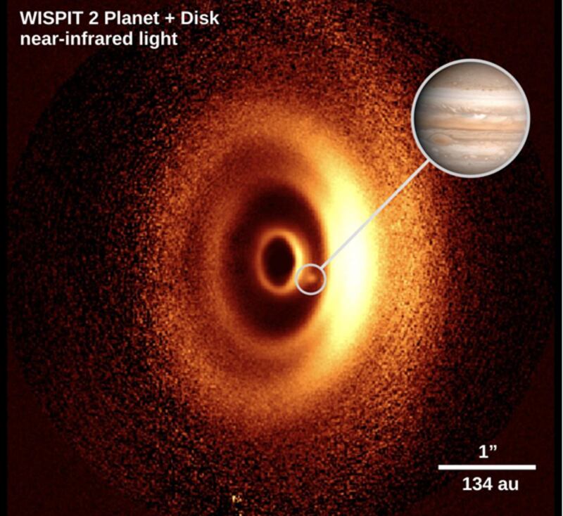The small dot of light indicated by a white circle is the new-born planet. Image: C Ginski/R van Capelleveen et al