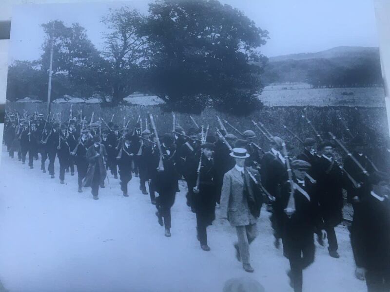My great-uncle John O'Donohoe from Gorey, Co Wexford, with the Irish Volunteers, July 1914, just behind the man who looks like a British spy.