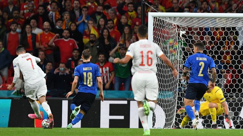 Morata scores the equaliser. Photo: Justin Tallis/AFP via Getty Images