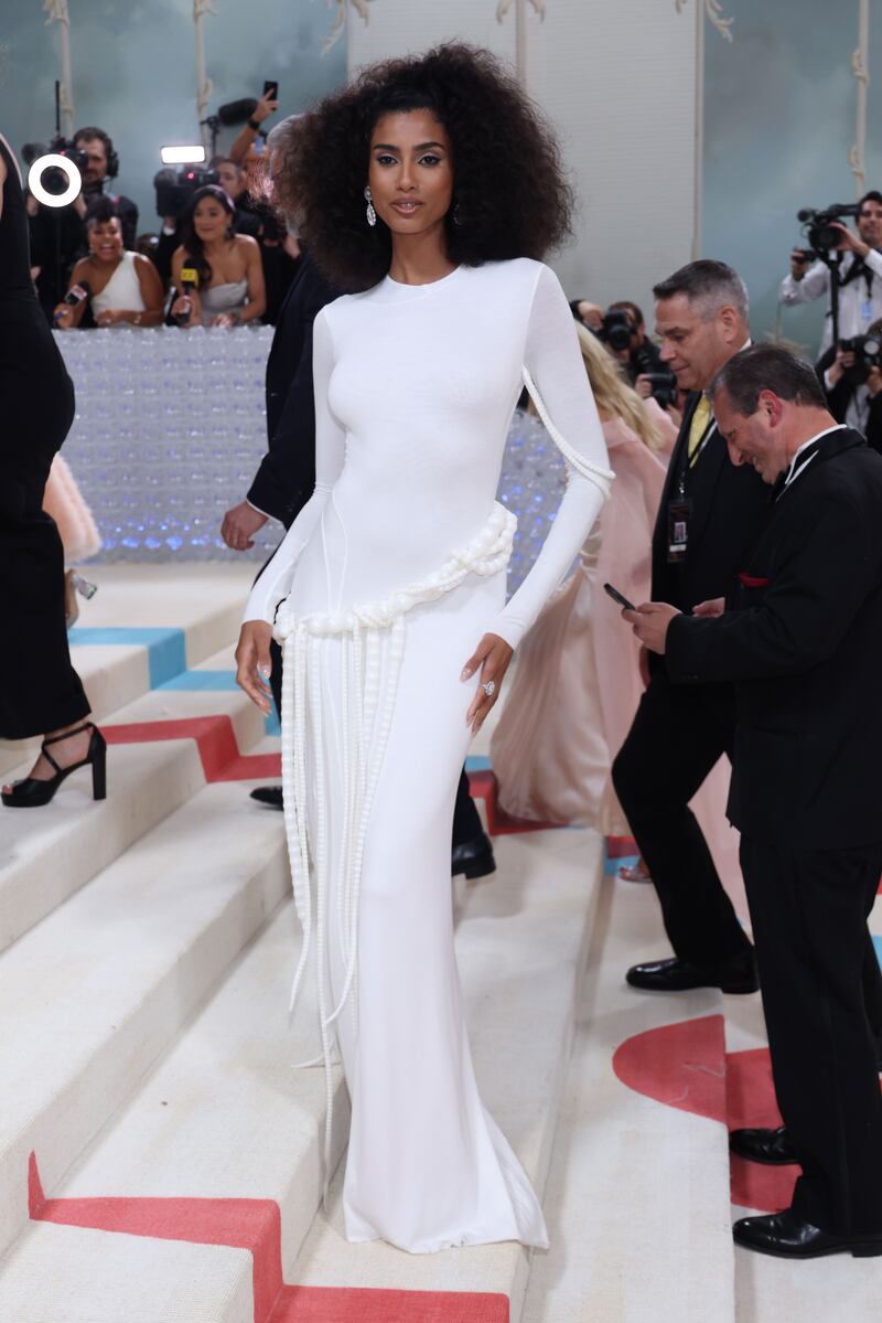 Imaan Hammam at Met Gala wearing a dress designed by Irish designer  Michael Stewart. Photograph: Justin Lane/EPA-EFE