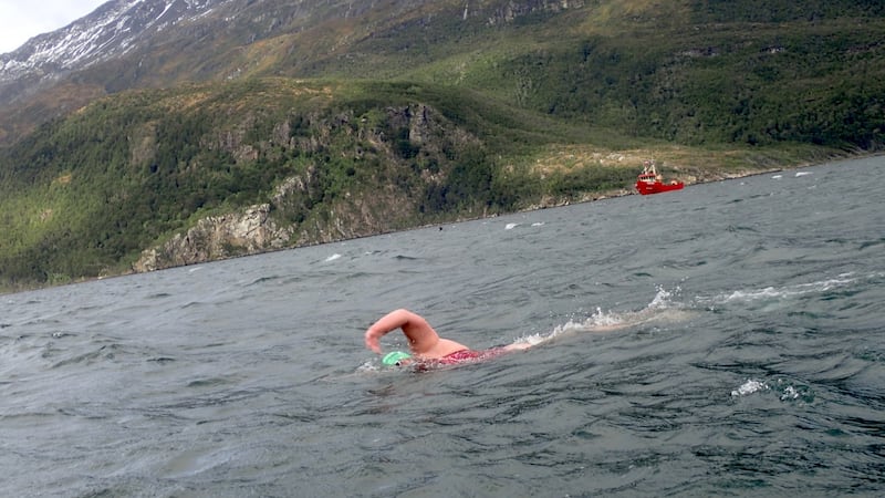 Swimming the Beagle Channel with Chile in the background. Photo: Nuala Moore