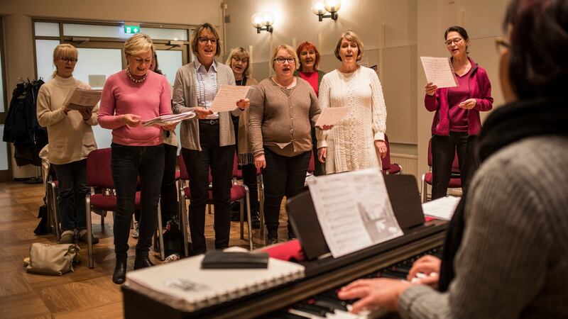 A choir rehearses at the Adult Education Centre in Kauniainen. Photograph: Lena Mucha/The New York Times