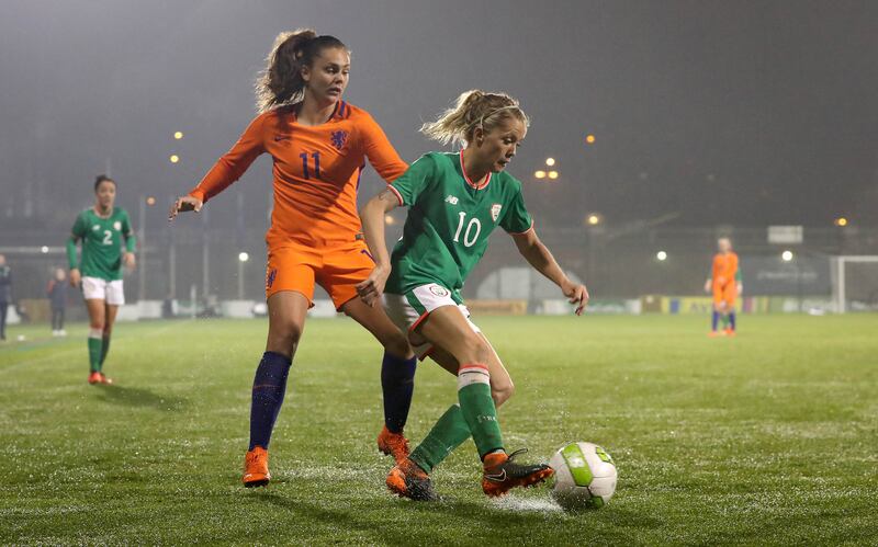 Ireland's Denise O'Sullivan and Lieke Martens of The Netherlands during the World Cup qualifier at Tallaght Stadium in 2018.  Photograph: Ryan Byrne/Inpho 
